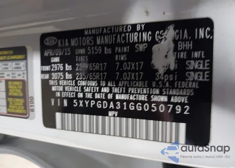 2016 Kia Sorento 2.4L Lx z USA, uszkodzony, nr VIN 5XYPGDA31GG050792